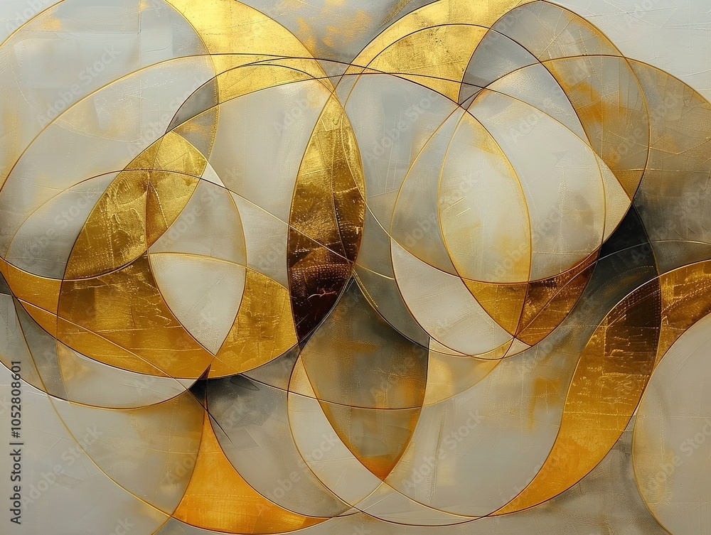 Poster abstract artwork featuring overlapping golden and gray shapes, creating a dynamic visual flow.