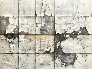 Abstract artwork featuring cracked surfaces and layered textures in a grid format.