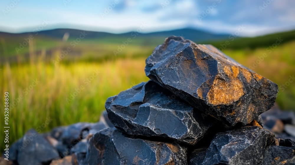 Poster a stack of black rocks in a field with a blurry mountain range in the background.