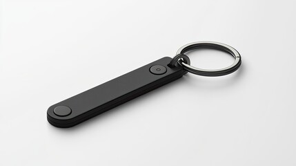 Black metal keychain with a round button on a white background.