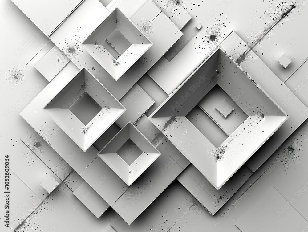 Poster abstract composition of layered, geometric shapes in white with subtle textures and shadows.
