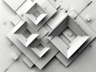 Abstract composition of layered, geometric shapes in white with subtle textures and shadows.