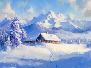 Fototapeta premium winter scene with a snow-covered cabin nestled in a forest