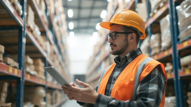 Warehouse worker checks inventory with tablet in storage facility.