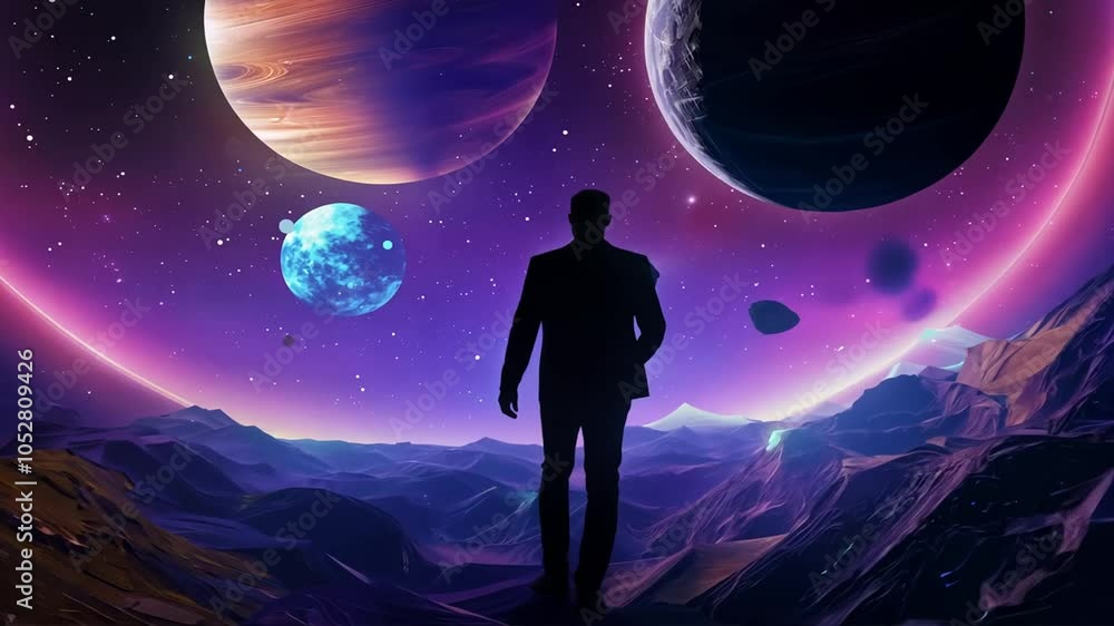 Wall mural futuristic man artistic universe planets 3d walks stars abstract walking space people cosmos network
