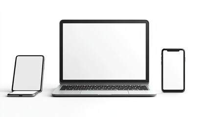A laptop, smartphone, and tablet mockup with white empty screens on a white background.
