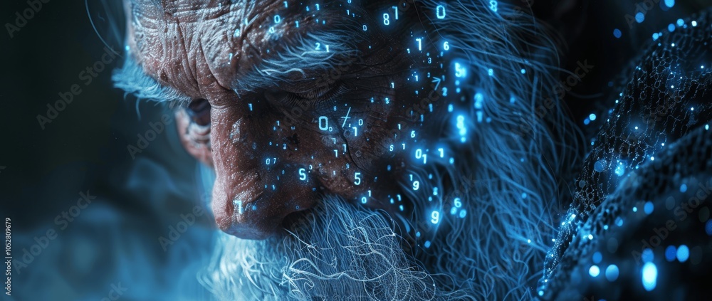 Poster futuristic old man with binary code in cyberspace illuminated by blue light