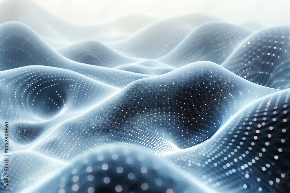 Poster abstract digital landscape with glowing dots representing data and connectivity.