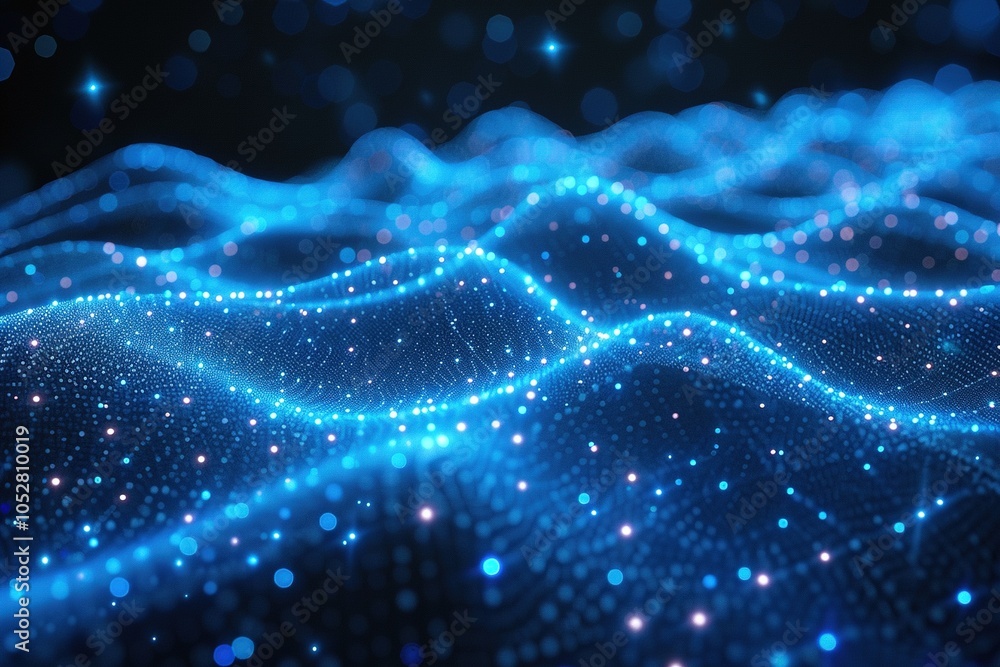 Poster abstract digital waves illuminated by blue lights, suggesting depth and movement in data visualizati