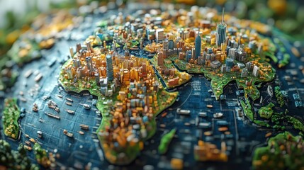 Obraz premium A detailed 3D model of a vibrant, urban world map.