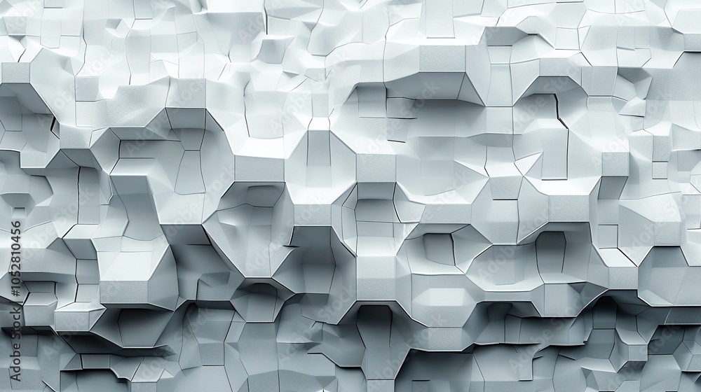 Poster abstract geometric pattern with three-dimensional, textured surfaces in light colors.