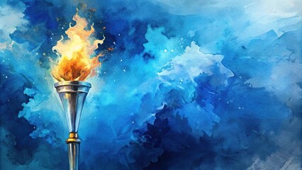 Fototapeta premium Panoramic Olympic Torch Watercolor Art in Dynamic Blue