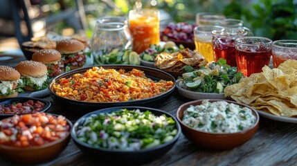 Obraz premium A Table Spread of Food and Drinks for a Gathering