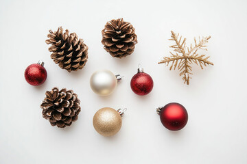 Christmas ornaments and pine cones on white background, creating a festive and cozy holiday atmosphere.