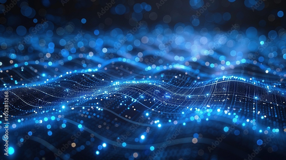 Poster abstract representation of digital waves with glowing blue particles and lines.