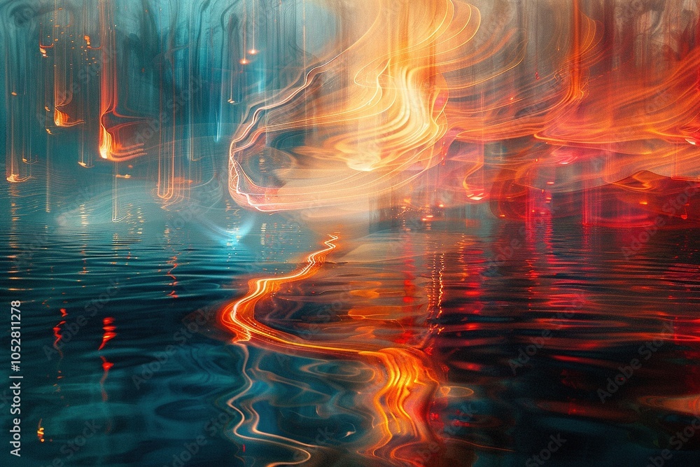 Poster abstract representation of flowing colors and reflections in water, creating a dreamy atmosphere.