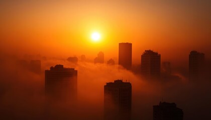 A breathtaking sunrise paints the city skyline in warm hues, as towering buildings emerge from a blanket of fog, creating a serene and ethereal atmosphere.
