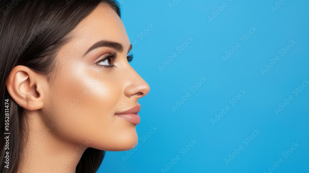 Canvas Prints Cheerful young girl posing with a bright smile, radiating positivity against a tranquil blue background.