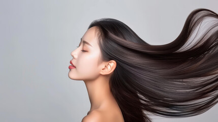 A stunning Asian woman beams with joy, showcasing her flawless skin and luscious hair against a sleek grey backdrop.