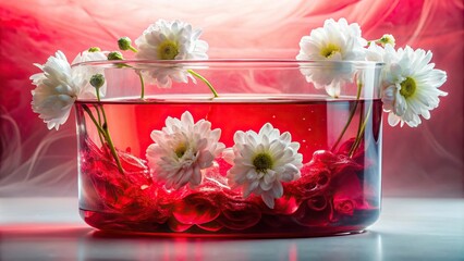 Panoramic red water experiment with white flowers in dyed water