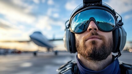 A pilot stands on a runway with a large aircraft in the background, displaying readiness and the technical prowess inherent in modern aviation operations.
