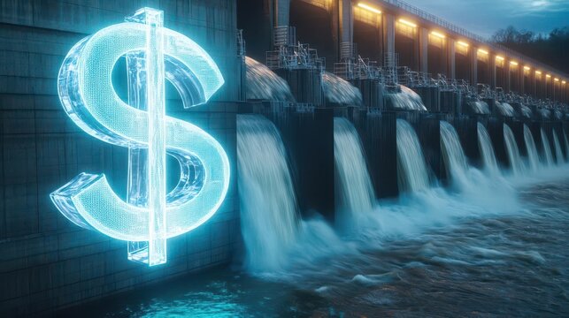 A close-up of the dam's structure with cascading water during daylight, highlighting the engineering and natural power of water. 