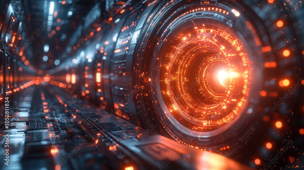 Poster futuristic tunnel with glowing elements and intricate design.