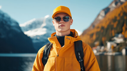 A young man wearing an orange jacket and cap stands by a serene lake with stunning snow-covered mountains in the background, exuding adventure and confidence.
