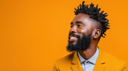 Bright and cheerful portrait of a joyful afro guy against a vibrant orange backdrop, exuding warmth and positivity.