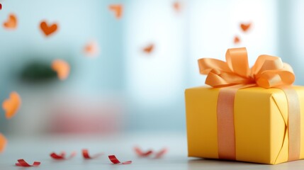 A yellow gift box adorned with a festive ribbon, surrounded by heart-shaped decorations, symbolizing love, celebration, and the joy of giving during special occasions.