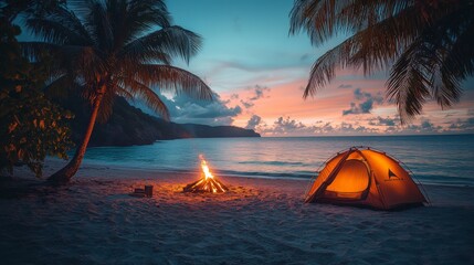 A glowing campfire brightens a secluded beach campsite at dusk, with an orange tent nestled among palm trees and the calm ocean in the background.