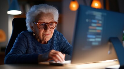 An elderly lady enthusiastically learning programming on a computer in a cozy, warmly lit room, depicting lifelong learning and empowerment through technology.