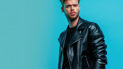 Fototapeta premium Sleek side profile of a man in a leather jacket, exuding cool vibes against a dark backdrop. Perfect for style inspiration
