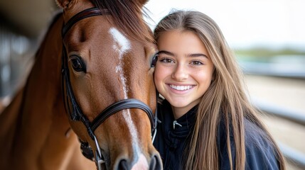 A teenage girl with long brown hair laughs while standing next to a horse in a warm stable, capturing the joyful bond and delightful companionship they share.