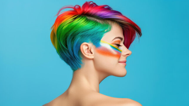 Naklejki Bright and bold art makeup celebrates Pride with rainbow hair and vibrant colors, showcasing selfexpression and inclusivity.