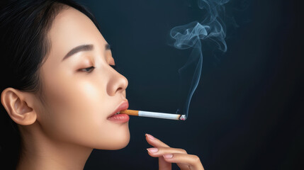 Obraz premium A woman exhales smoke from her cigarette in a lowkey setting, creating a dramatic contrast against the dark background.