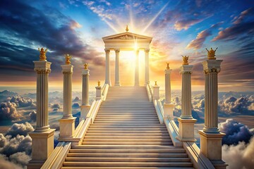 Panoramic stairway leading to heaven in majestic temple with mythological gates