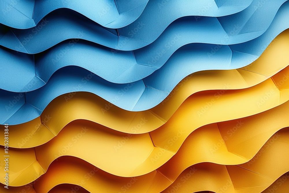 Poster abstract wavy layers of blue and yellow paper creating a dynamic visual texture.