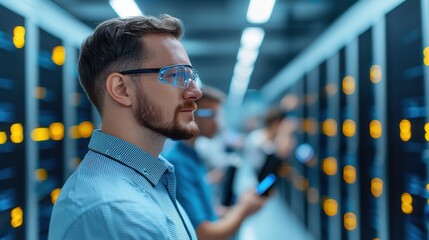 A focused man observes server racks in a data center, showcasing a modern tech environment with multiple monitors and glowing lights.