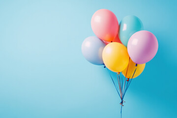 Colorful balloons against a blue background.