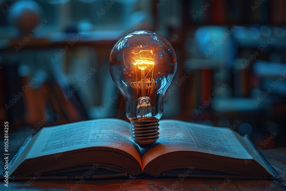 Poster an illuminated light bulb rests on an open book, symbolizing knowledge and innovation.