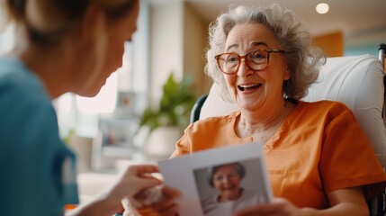 An elderly woman dressed in orange visibly delighted as a nurse shows her a photograph, sharing warmth and gratitude in an indoor caring environment.