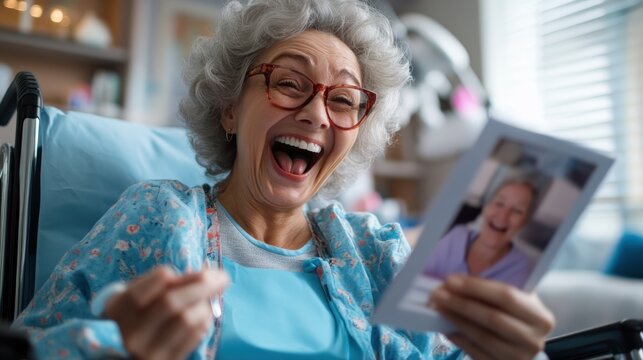A joyful elderly woman with curly hair, wearing glasses and a blue outfit, is happily laughing while holding a photograph, showing a heartfelt moment.