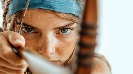 An archer with a youthful face steadies her bow, her vibrant eyes locked on the target, showcasing a blend of youthful exuberance and focused determination.