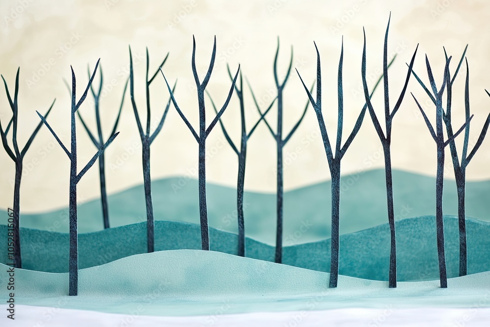 Poster stylized winter landscape with bare trees and rolling hills in soft color palette.