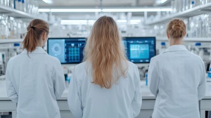 Obraz premium A group of women in lab coats observes monitors in a bright laboratory, focused on research and data analysis.