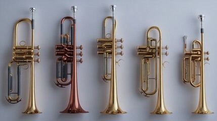 A collection of various trumpets arranged in a line.