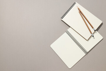 Open notebooks with a pencil on a light background