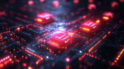 Obraz premium Abstract representation of a digital circuit with glowing components.