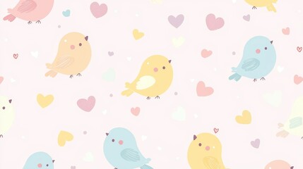 A charming pattern featuring cute birds and pastel hearts, perfect for children's decor, textiles, or greeting cards.